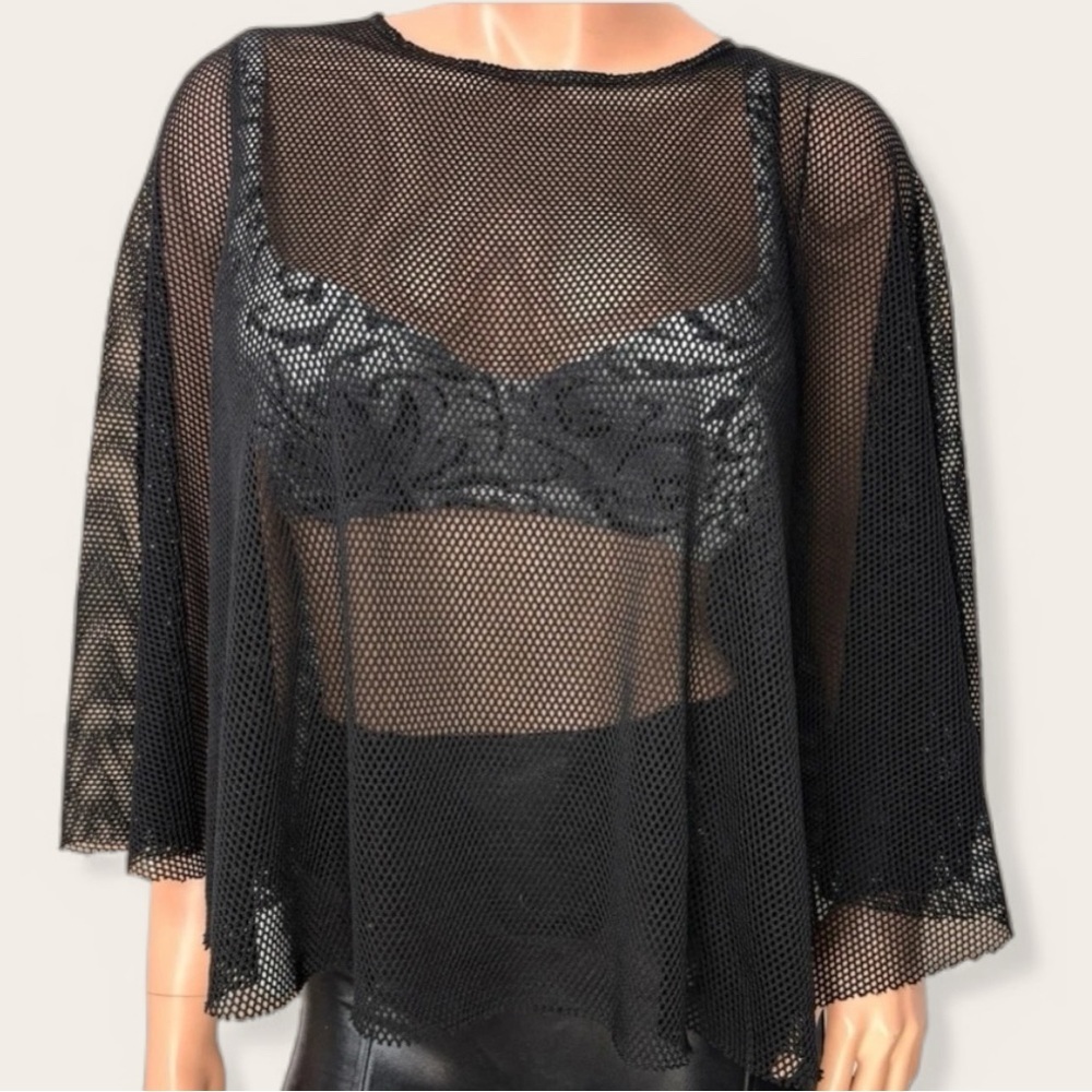 90s Whimsigoth Dark Fairy Black Mesh Fishnet Cape Sheer Y2K Goth Layer One Size - Picture 3 of 10